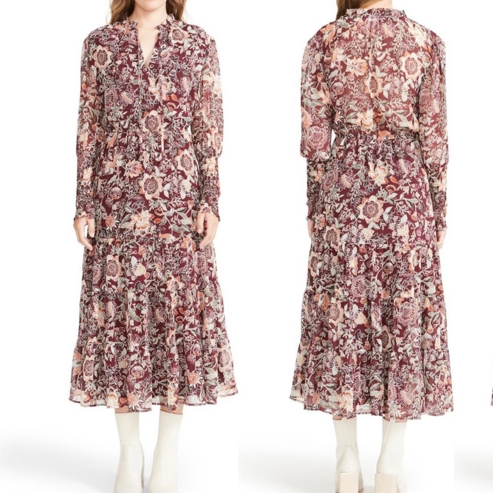 BB Dakota Long Sleeve fancy that floral maroon midi dress | XS